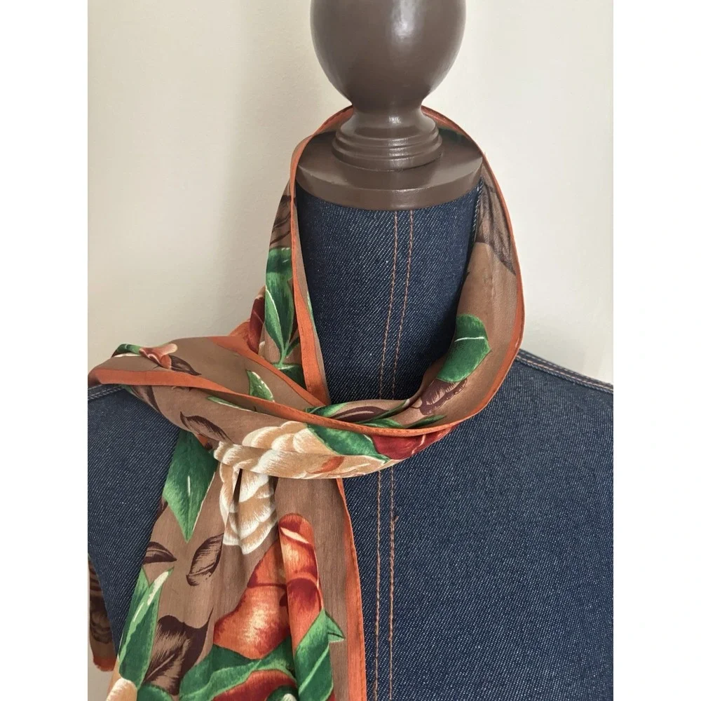 Vintage 90's Oscar De La Renta Silk Scarf Orange Brown Floral Long Rectangle